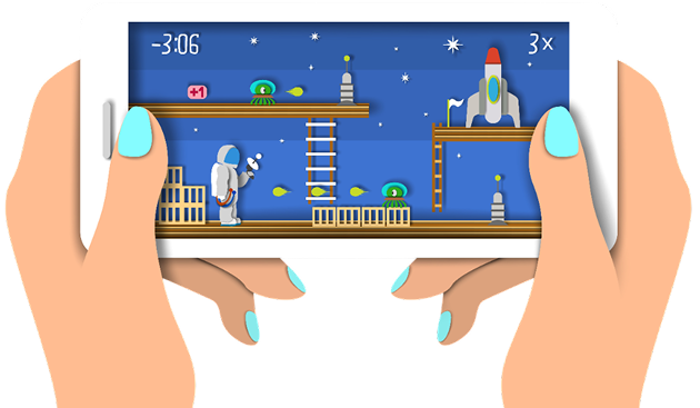 Mobile gaming illustration with hands holding a phone showing a retro game